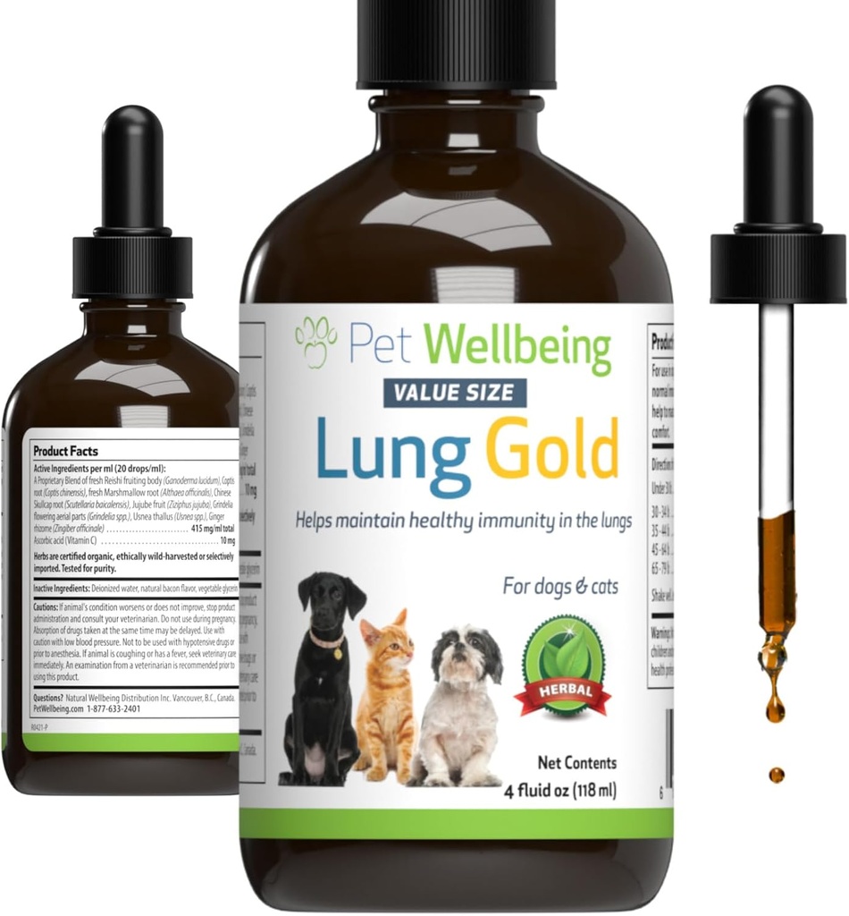 Pet Wellbeing Lung Gold for Dogs & Cats - Vet- Formuleret - Lung & Respiratorisk immunforsvar, Open Airways, Easy Breathing - Natural Herbal Supplement 4 oz (18 ml)