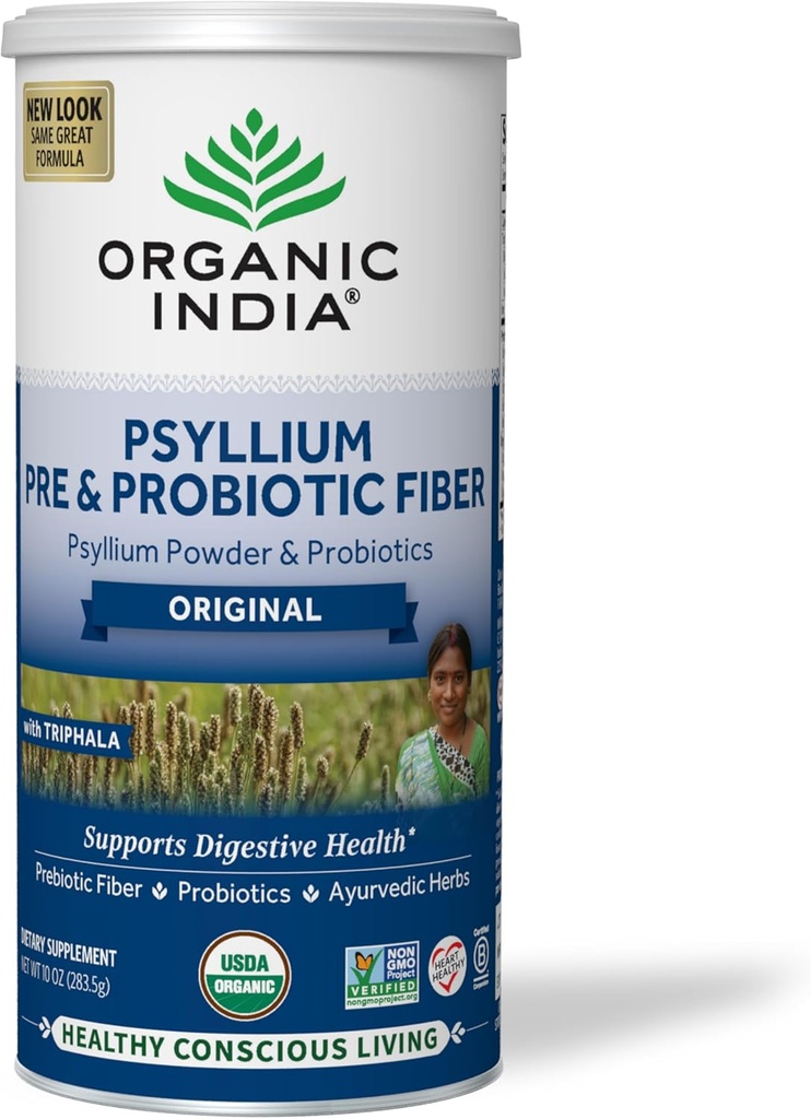 ORGANISK INDIA Psyllium Husk Powder - Pre & Probiotic Fiber Supplement, Organic Psyllium Husk Fiber Supplement, Hele Psyllium Husk Powder Unflavored, Kostfibre, USDA Organic, Gluten Free - 10 Oz