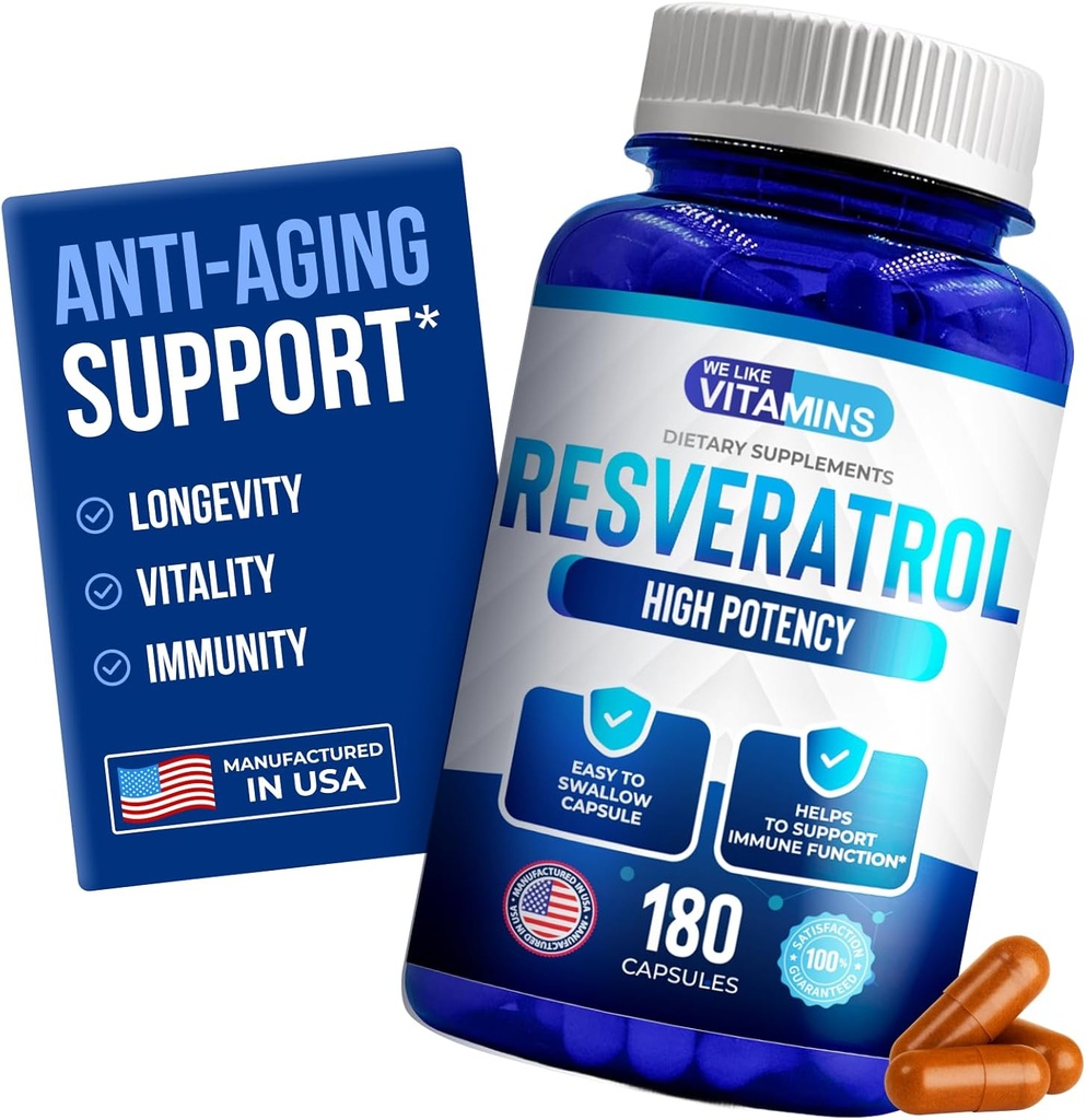Vi kan lide Vitaminer Resveratrol 1000mg per servering - 180 Let at synke Veggie kapsler - Natural Resveratrol Supplement 1000mg - Antioxidant Supplement Hjælper support Anti- Aging og immunsystem