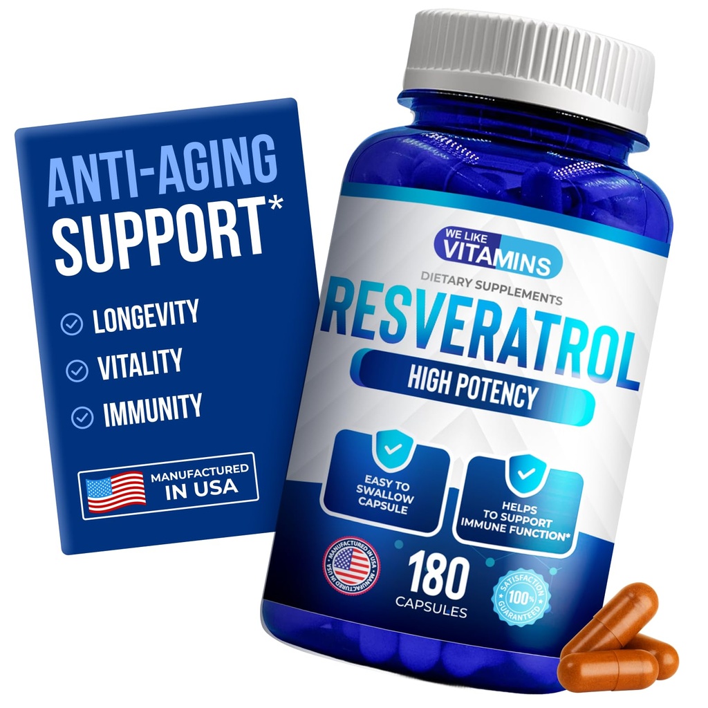 Vi kan lide Vitaminer Resveratrol 1000mg per servering - 180 Let at synke Veggie kapsler - Natural Resveratrol Supplement 1000mg - Antioxidant Supplement Hjælper support Anti- Aging og immunsystem