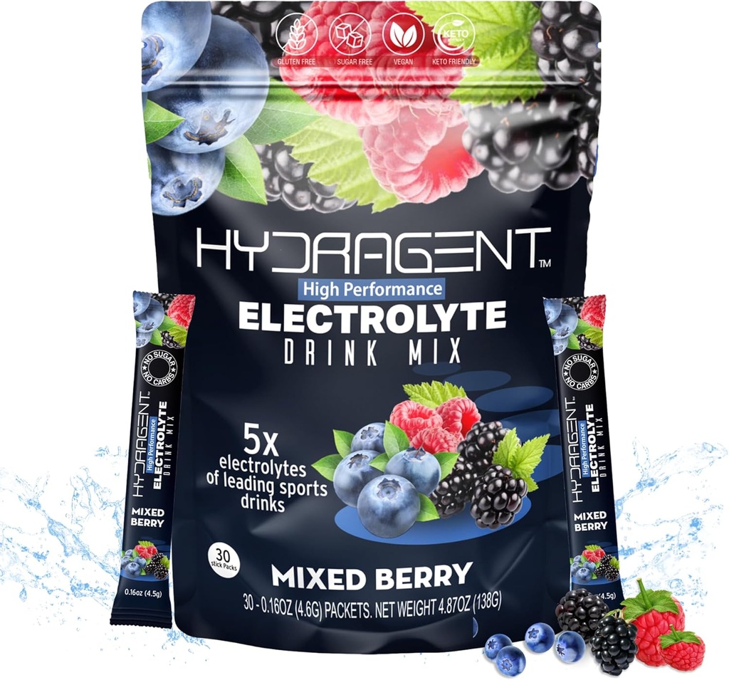 Electrolyte Erstatning Stick Packs. Zero Sugar, High Performance Electrolytes. Over 1000 mg salte plus magnesium og kalium. Key Minerals for Hydration. (Blandet Berry)