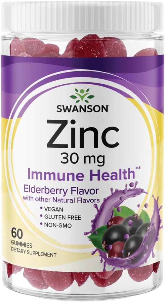 Swanson Zinc Gummies - All Natural Vitamin Supplement Promoting Antioxidant Activity & Bodily Defense - Helps to Support Your Immune System & A Healthy Body - (Elderberry, 60 Gummies)