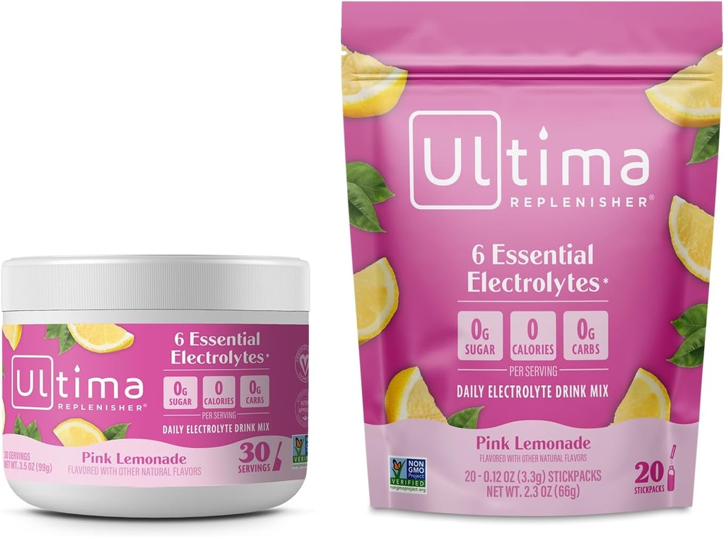 Ultima Replenisher Electrolyte Powder Drink Bundle - Sugar Free - Pink Lemonade, 30 Servering Canister og 20 Stickpacks - 6 Electrolytes and Minerals - Keto Friendly, Vegan, Non- GMO
