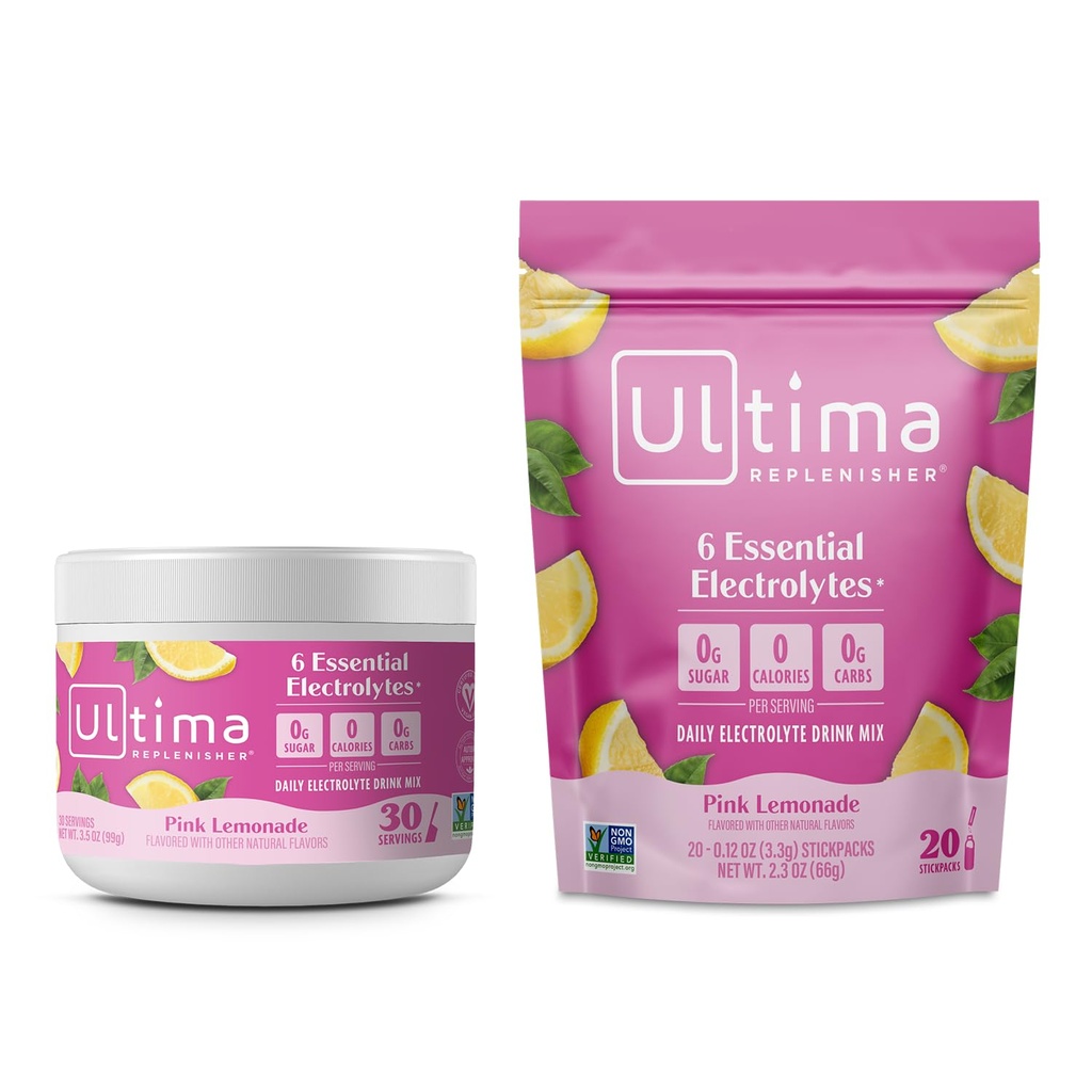Ultima Replenisher Electrolyte Powder Drink Mix Bundle – Sugar Free – Pink Lemonade, 30 Serving Canister and 20 Stickpacks – 6 Electrolytes and Minerals – Keto Friendly, Vegan, Non-GMO