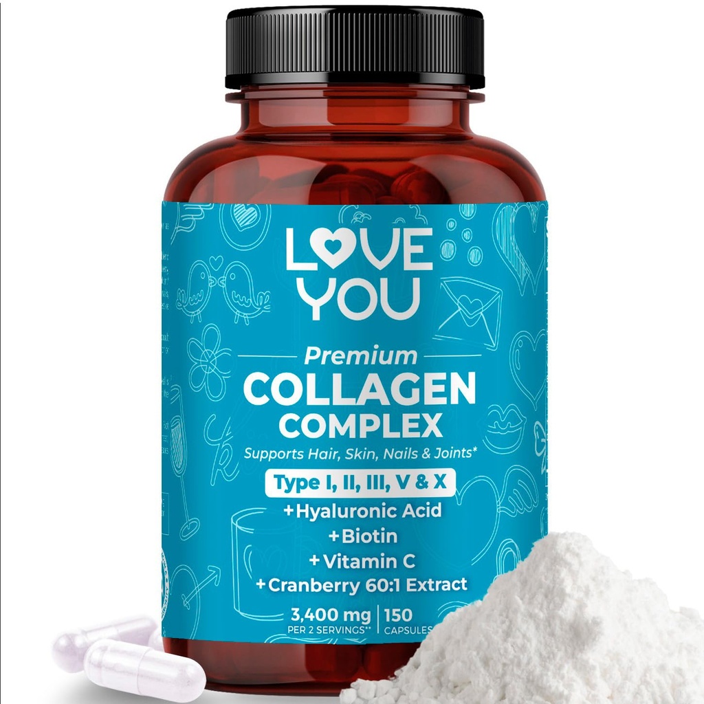 Love You Premium Collagen Complex - Type I, II, III, V & X - Hår, Hud, Nails, Joints & Gut Support - Hydrolyzed Bovin Collagen Peptider - Grass- Fed, Non- GMO, 120 Kapsler, USA Made