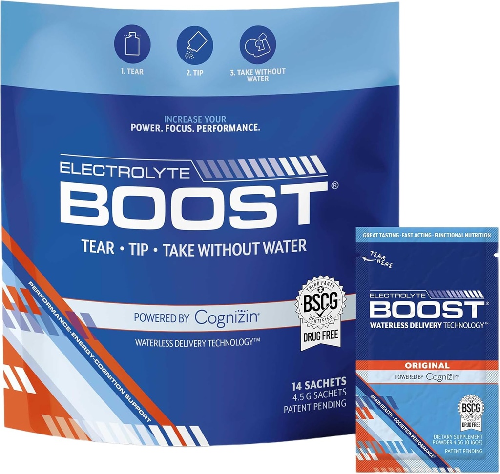 Elektrolyte pulver pakker med Cognizin Tag uden vand, Hydration Forlængelse Supplement, Ingen sukker, Ingen Stevia, Ingen koffein, Ingen vand påkrævet, Opløser i munden, 14 Pack
