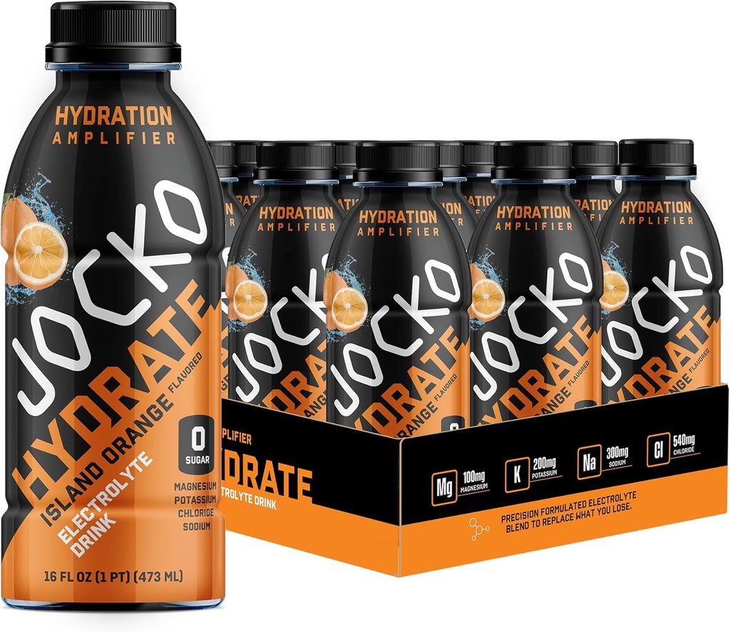 Jocko Fuel Hydrate Electrolyte Drinks - Sports Drink Hydration Amplifier, Thirst Quencher - Scientifically Formulated Electrolyte Blend Island Orange Flavor 16 Oz (12 Pack)
