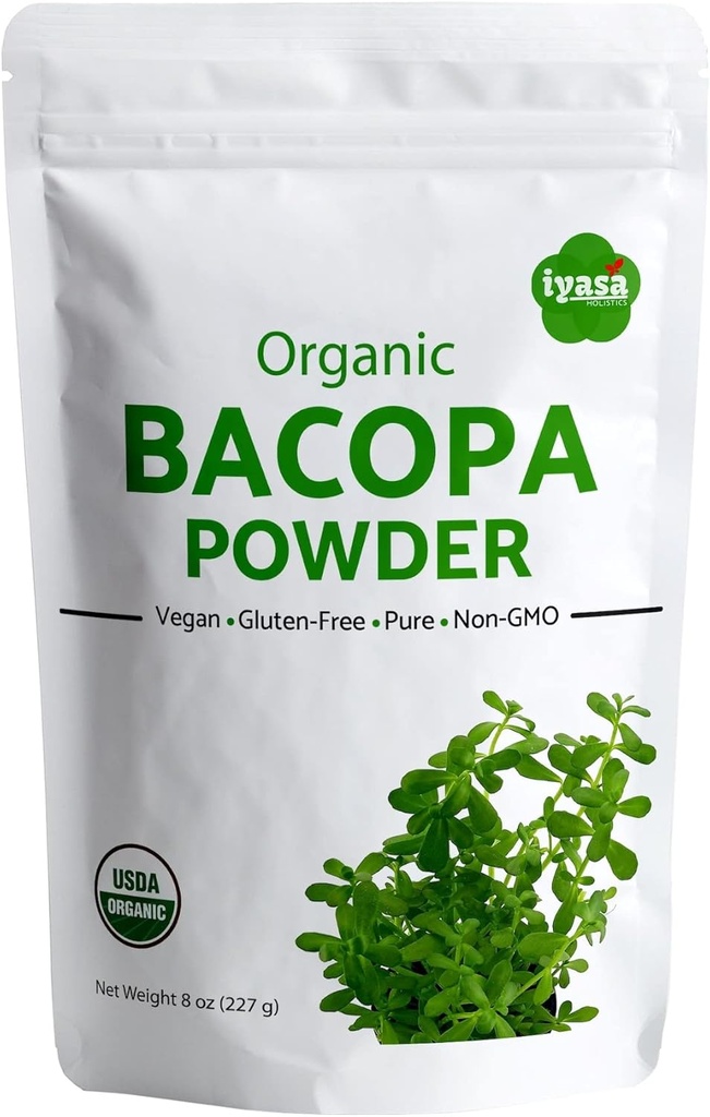 Iyasa Holtics Organic Bacopa Powder (Brahmi Leaf), Certified Organic Ayurveda Superfood, Hår og Hjerne Tonic, Resealable Pouch af 8 oz