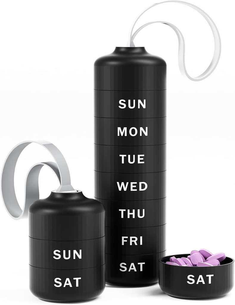 Betife Cute Pill Organizer, Cute Weekly Pill Box til Rejser, Cute Daily Pill Case 7 Dag, med 7 store stablede kompartmenter, Sturdy ABS Pill Holder for Vitamin Supplement Medicin (sort)