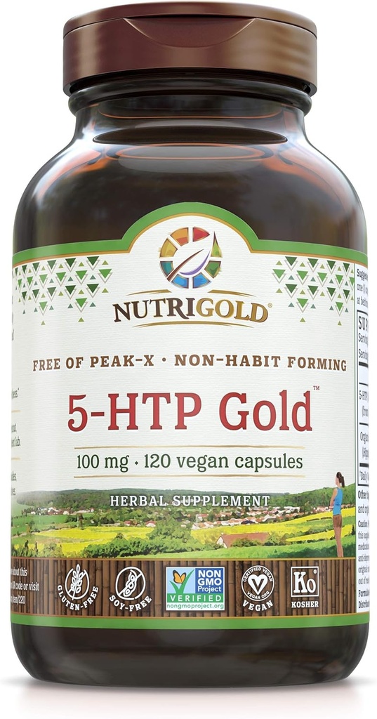 Nutrigold 5- htp 100mg, 120 Vegetariske Kapsler - Gold Standard Pure 5- htp Extract Garanteret fri for skadelige Peak- x, Gmos, & Allergens