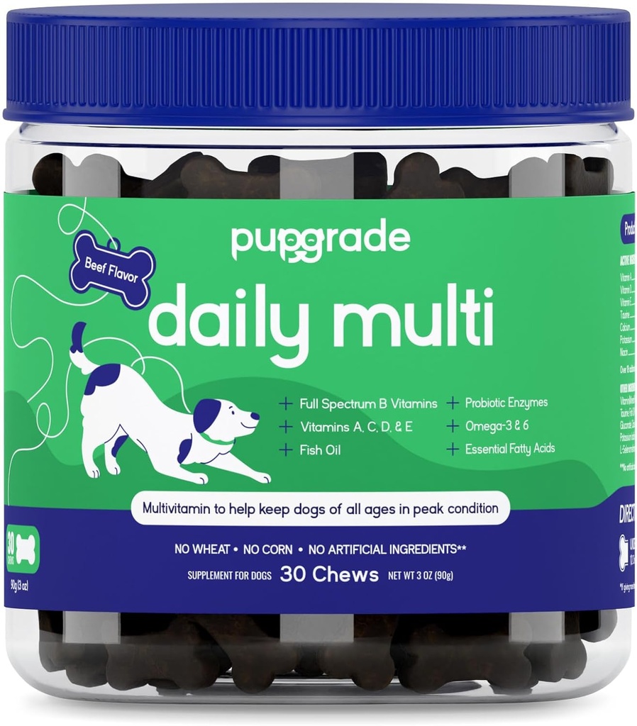 PupGrade Daily Multivitamin for Hunde - All- in- One supplement til fordøjelsesbesvær, immunforsvar, hud og coat sundhed - 32 sunde næringsstoffer, Probiotiske enzymer, Omega Fish Oil, Vitaminer A, C, D & E - 30 bløde tygger