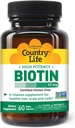 Country Life Vitaminer High Potency Biotin 10.000 mcg (10 mg), 60 Count - Supplement for Hår, Skalp & Nails - Certified Gluten Free