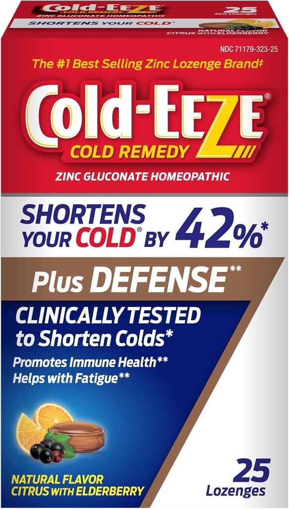Cold- Eeze Plus Defense Natural Citrus med Elderberry Zink Lozenges, Homøopatisk Cold Remedy, kortere fælles kolde symptomer, fremmer immunsundhed med Sambucus Nigra, Echinacea og Rose HIPS, 25 Ct