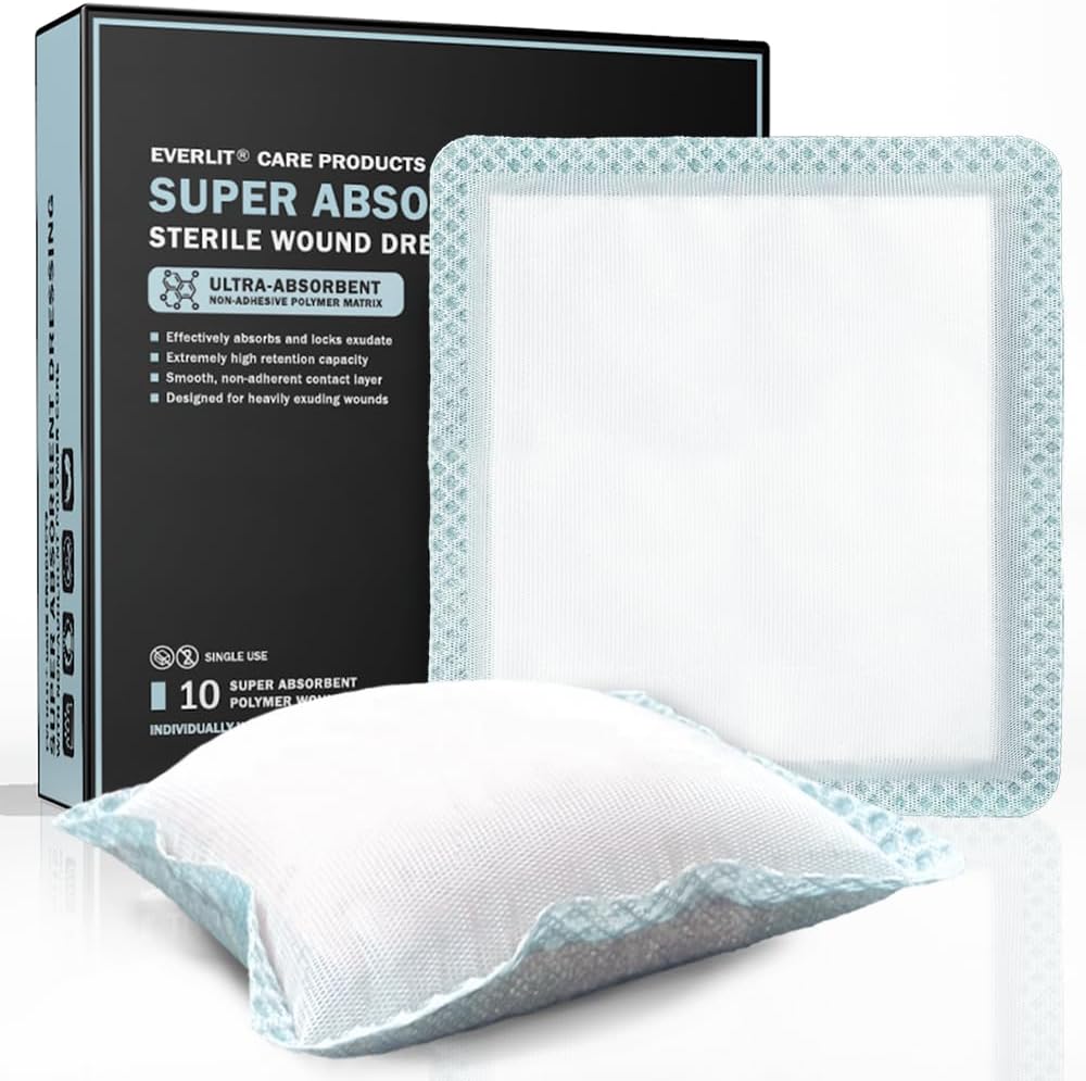 EVERLIT Super Absorbent Dressing for Såret Care 124; Nonstick Soft Kirurgisk Gauze Pad for Heavly Exputing Sår 124; Large Steril Non- Adhesive Bandage for Hurtig Healing Sår Care 124; Pack af 10 (6 "x 6")