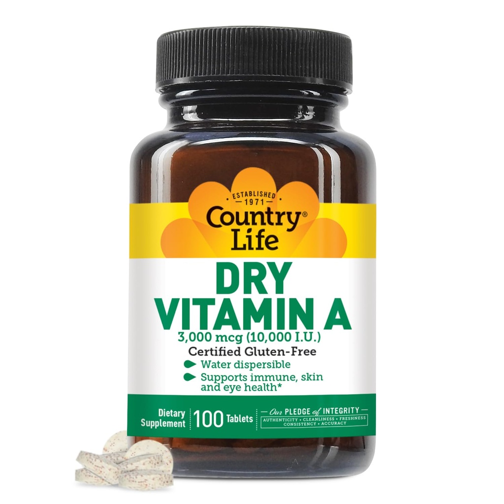 Country Life Vitamin A 10.000 IE - immunsupport, Skin & Eye Health supplement, Certificeret Gluten- Free, Vegan, Halal, Kosher, 50% Beta- Caroten & 50% Retinyl Palmitat, Easy Absorption - 100 tabletter