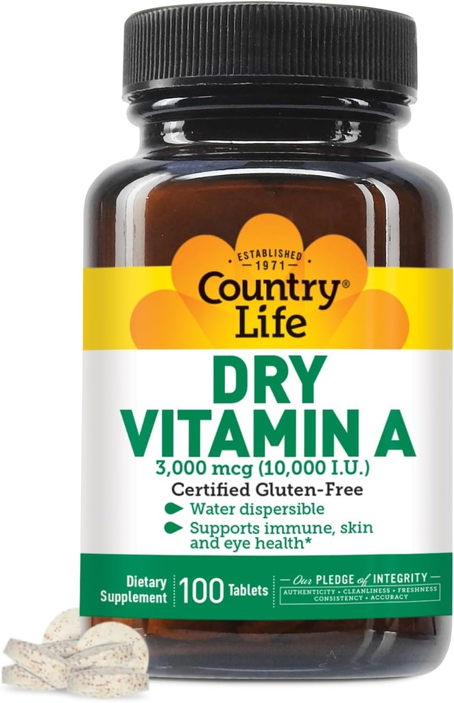 Country Life Vitamin A 10.000 IE - immunsupport, Skin & Eye Health supplement, Certificeret Gluten- Free, Vegan, Halal, Kosher, 50% Beta- Caroten & 50% Retinyl Palmitat, Easy Absorption - 100 tabletter