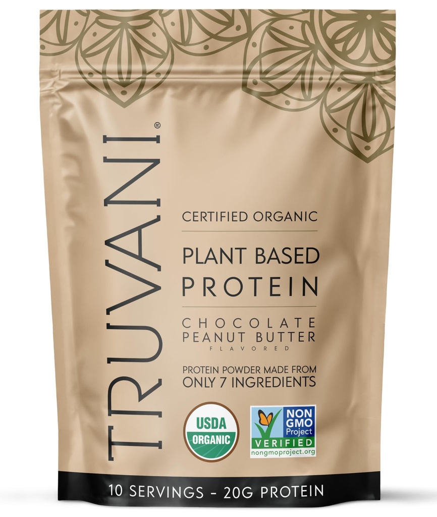 Truvani Vegan Pea Protein Powder • 124; Chocolate Peanut Butter • 124; 20g Organic Plant Based Protein • 124; 10 Servering • 124; Keto • 124; Gluten & Dairy Free • 124; Lav Carb • 124; Ingen tilsat sukker