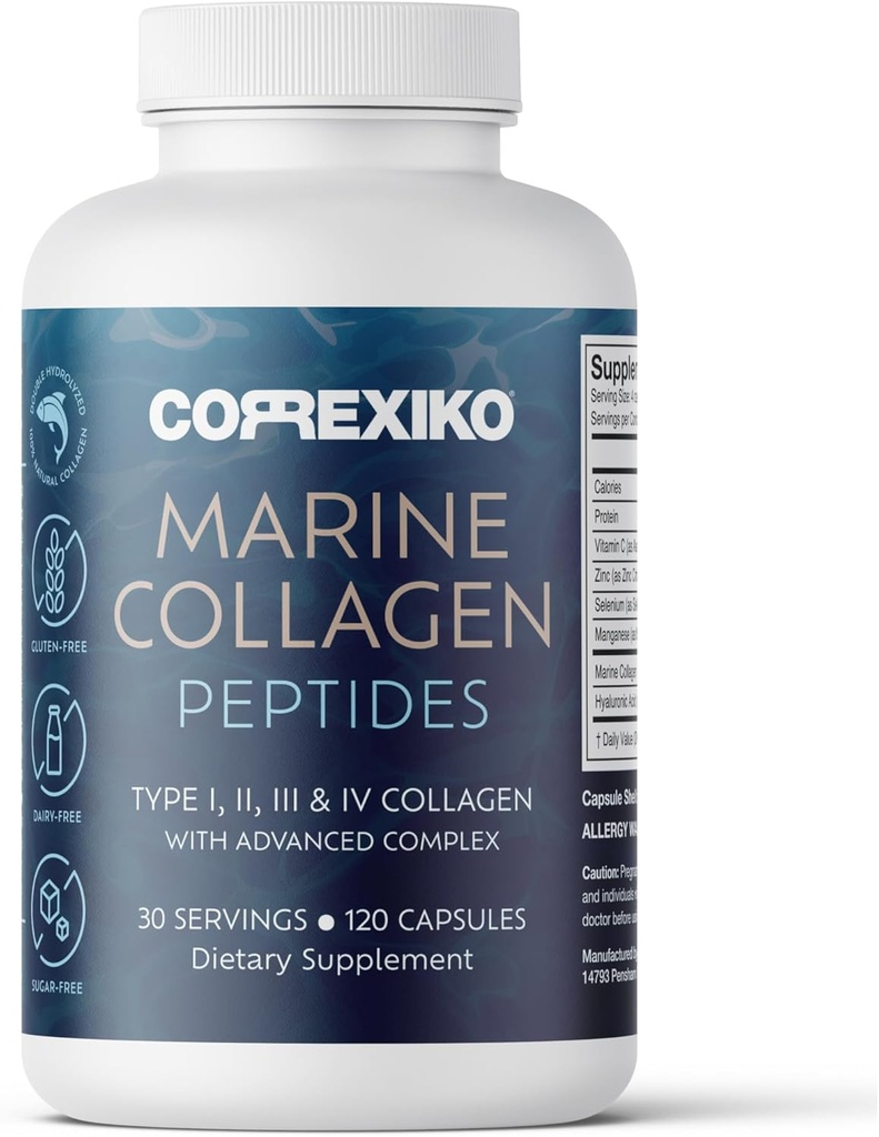 CORREXIKO Marine collagen supplement piller - 1800 mg hydrolyseret collagen peptider per servering med tilsat hyaluronsyre, C-vitamin & mineraler - for hår, hud og negle - 120 kapsler 30 dages forsyning