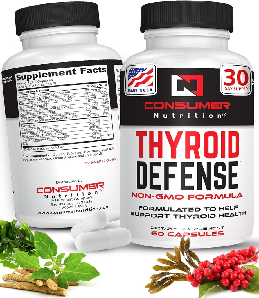 Thyreoideastøtte til kvinder & mænd - Ashwagandha, Cayenne, Schisandra, & Kelp til thyreoideasundhed - Zink, B12-vitamin og jod Kosttilskud til Thyreoidea - Thyreoideaforsvar 30 Kapsler
