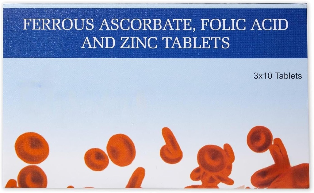 Ferroascorbat og folinsyre Tabletterne er 124; med zink; tillæg for jernmangel for kvinder og mænd; energi og immunitet Booster er 124; 30 tabletter