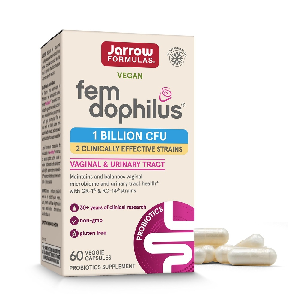 Jarrow Formulas Fem- Dophilus Vaginal Probiotika 1 Millioner CFU med 2 Science- Backed Strops, Kosttilskud til Vaginal & Urinary Tract Support, 60 kapsler, Op til en 60 dages forsyning, Shelf- Stabil