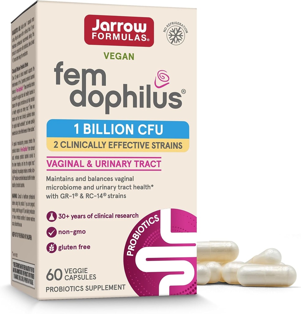 Jarrow Formulas Fem-Dophilus Vaginal Probiotics 1 Billion CFU with 2 Science-Backed Strains, Dietary Supplement for Vaginal & Urinary Tract Support, 60 Capsules, Up to a 60 Day Supply, Shelf-Stable