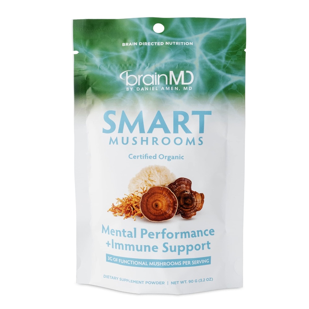 BRAINMD Dr. Amen Smart Mushrooms - 3.2 oz - Mental Performance + immunforsvar - Vegan, GMO fri, Gluten fri - 30 Servere