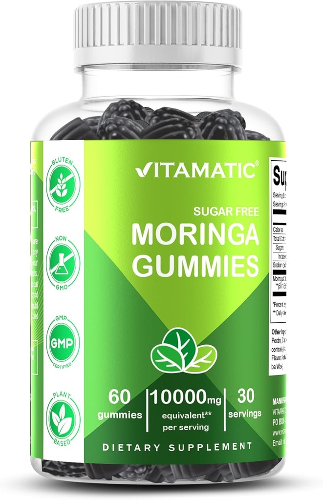 Vitamatisk sukker fri Moringa Gummies - 10.000 mg Ækvivalent per servering (fra 200 mg af 50: 1 ekstrakt) - Grøn superfood supplement - 60 pectin- baserede Vegan Gummies - Ingen sukker tilsat