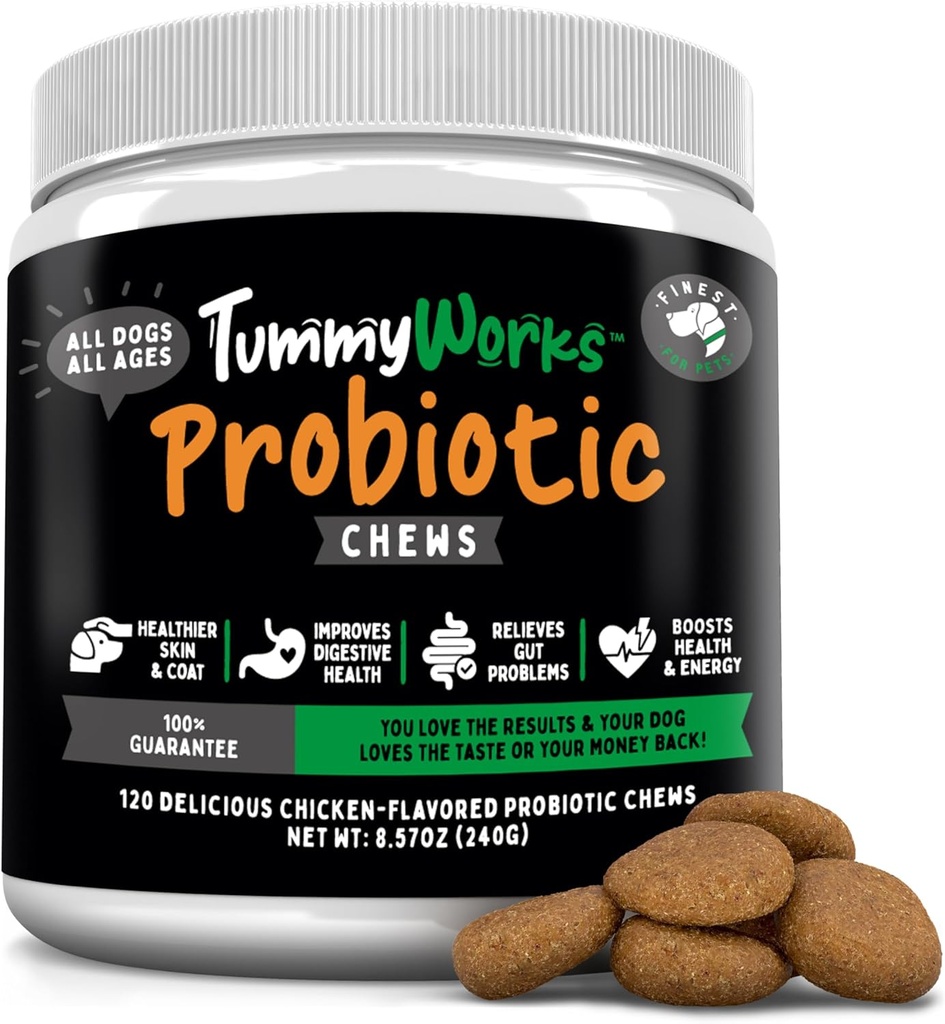 TummyWorks Probiotic 120 Soft Chews for Hunde Alle aldre - Understøtter fordøjelsessygdomme, Relieves Diarré, Forstoppelse, God til klø, Allergier, Gær Infektioner. Tilføjet fordøjelsesenzymer, Made in USA