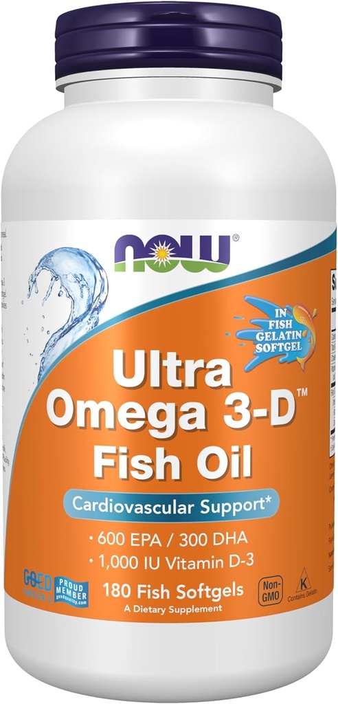 NOW Foods Supplements, Ultra Omega 3-D™, Omega-3 Fish Oil + Vitamin D-3, Cardiovascular Support*, 180 Softgels