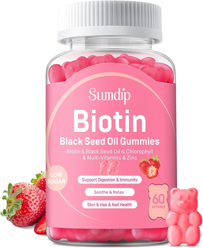Black Seed Oil Gummies med biotin, immunforsvar sundt hår & hud & negle til kvinder og mænd, Chlorophyll, zink, vitamin A, B6, B12, C, D, E, Vegan Supplement - 60 Gummies