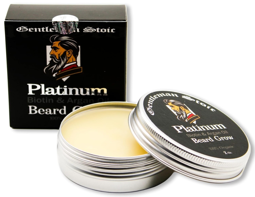 Platinum Beard Grow- All Natural Beard Balm For Mænd - Biotin Enhanced Balm Med Argan & E-vitamin Infunded orlov i skæg balsam til mænd - Vanilla Spice (2oz - pakke med 1)
