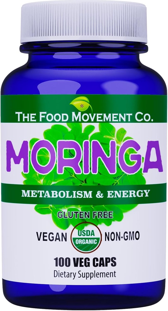 Food Movement CO. Moringa - Certificeret Økologisk supermad, hele kroppen Wellness, Natural Energy Support, Understøtter sund Metabolisme - 100 Veganske kapsler