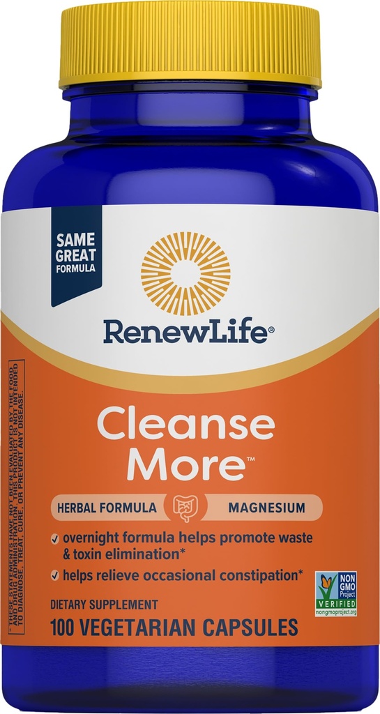 Renew Life Detox Cleanse Mere, Reduces Bloating and Restores Regularity, Overnatning Forstoppelse Relief, Soja, Mælk og glutenfri, 100 kapsler