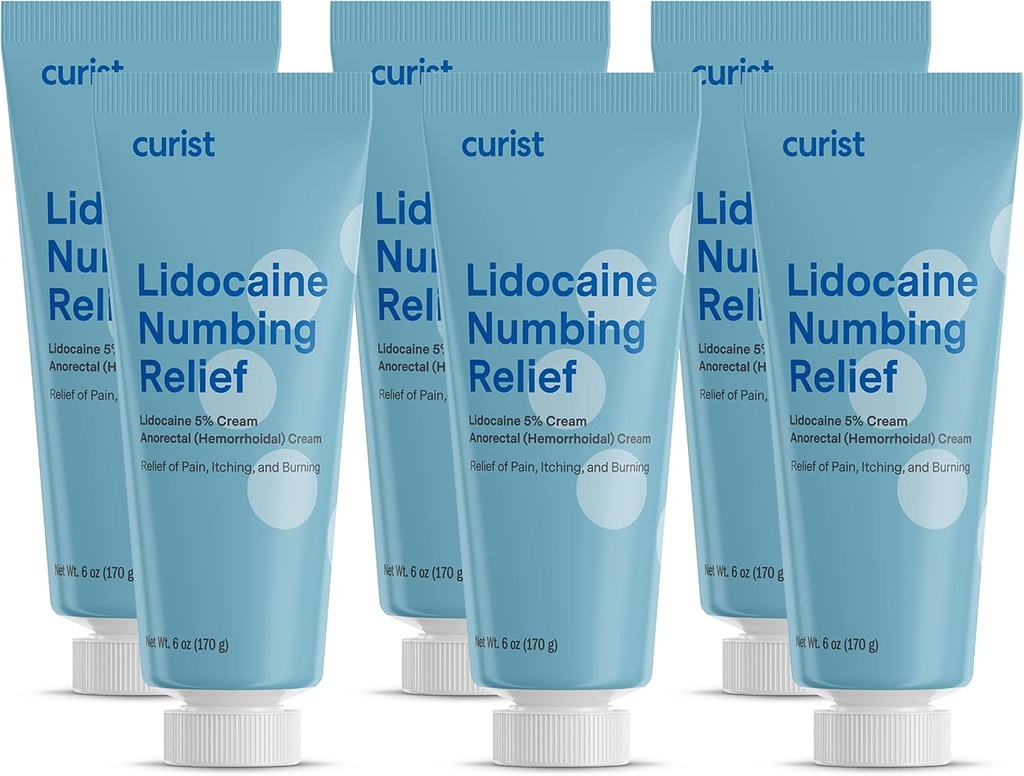 Curist 5% Lidocain Cream Topical Pain Cream - (6 oz Tube, pakke med 6) XL Tube - Numb Skin Hurtig & effektivt med 5% Lidocain Numbing Cream (6 Pack - 36 oz Total)
