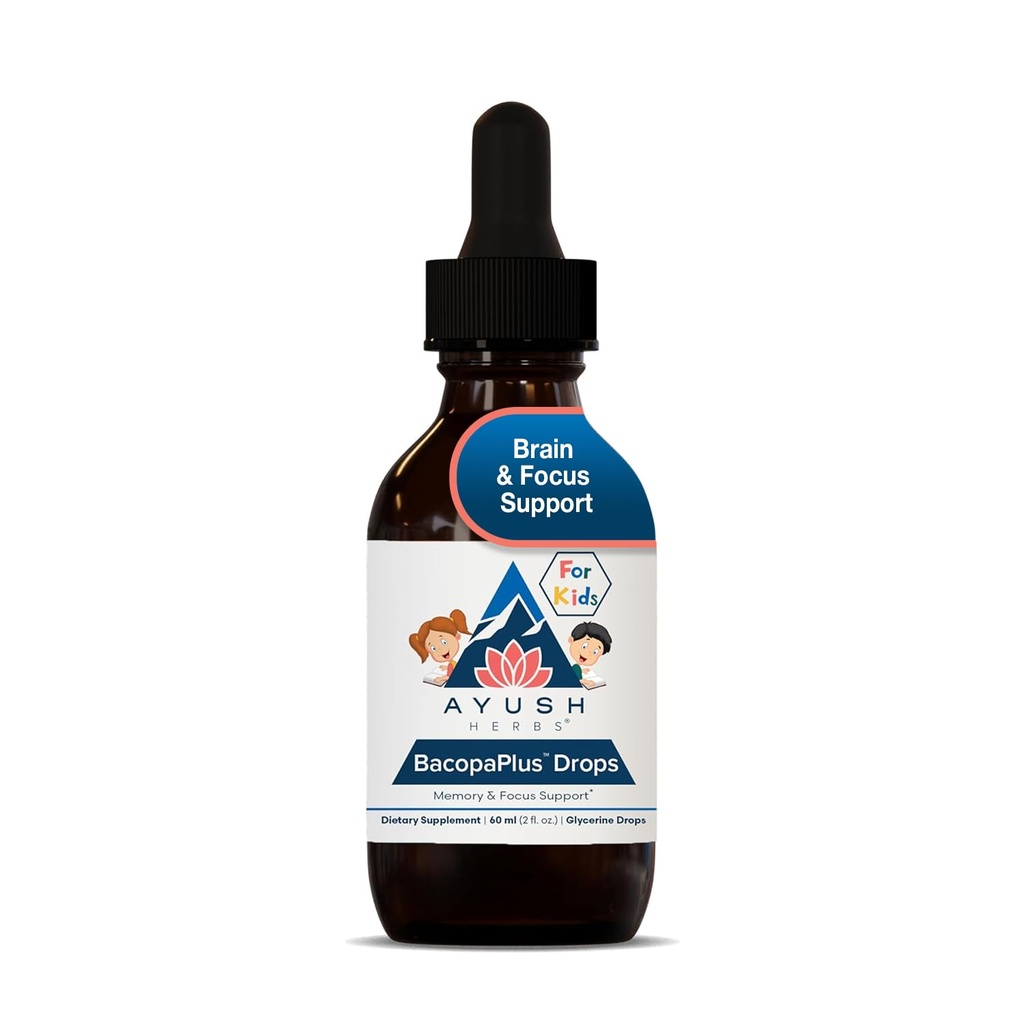 Ayush Herbs BacopoPlus Drops til børn - Kids Focus og opmærksomhed supplement med Bacopa, Ashwagandha, Ginkgo, støtte til hjerne & hukommelse, økologiske ingredienser - 2 Fl Oz (80 Servere)