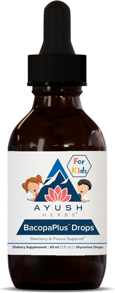 Ayush Herbs BacopoPlus Drops til børn - Kids Focus og opmærksomhed supplement med Bacopa, Ashwagandha, Ginkgo, støtte til hjerne & hukommelse, økologiske ingredienser - 2 Fl Oz (80 Servere)