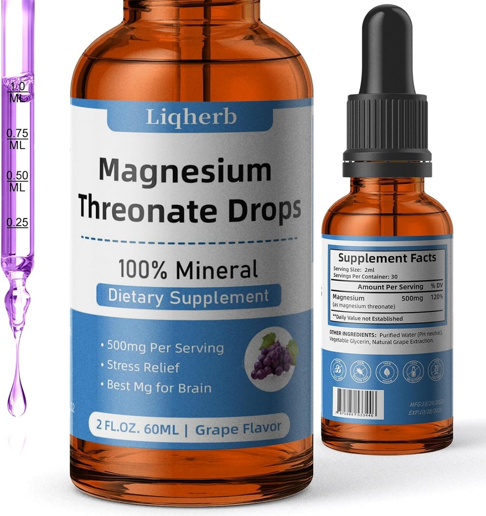 Magnesium Threonate Liquid 500mg, for voksne & børn, vegetabilsk glycerin Base med bedre opløsning, bedste Mg for hjerne sundhed, stress & muskel Relief, nerve sundhed, non-GMO, gluten- fri, Vegan, 2 FLLOZ.