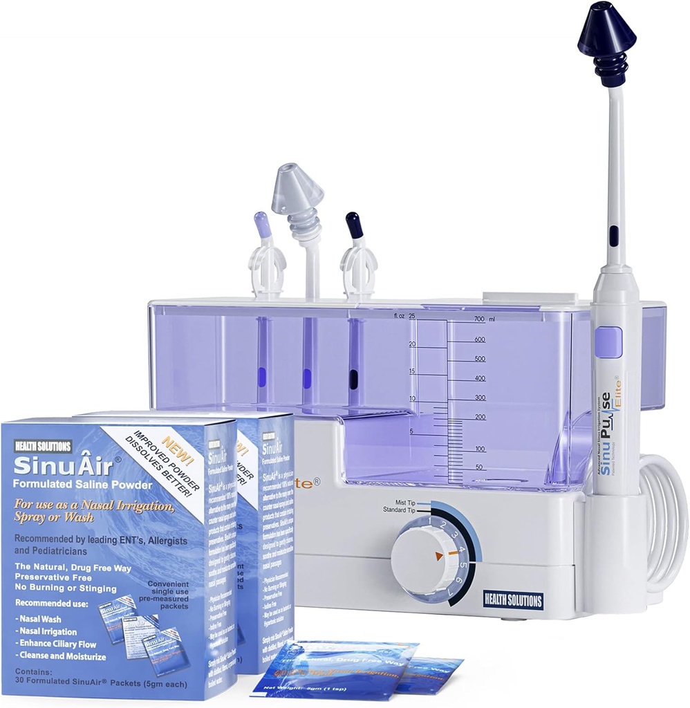 SinuPulse Elite Advanced Nasal Vanding System - Pulserende Sinus Congestion Relief & Sinus Rinse Machine, mere effektiv end Neti Pot, Næsespray eller Nasal Wash Flaske, med 90 SinuAir Packets