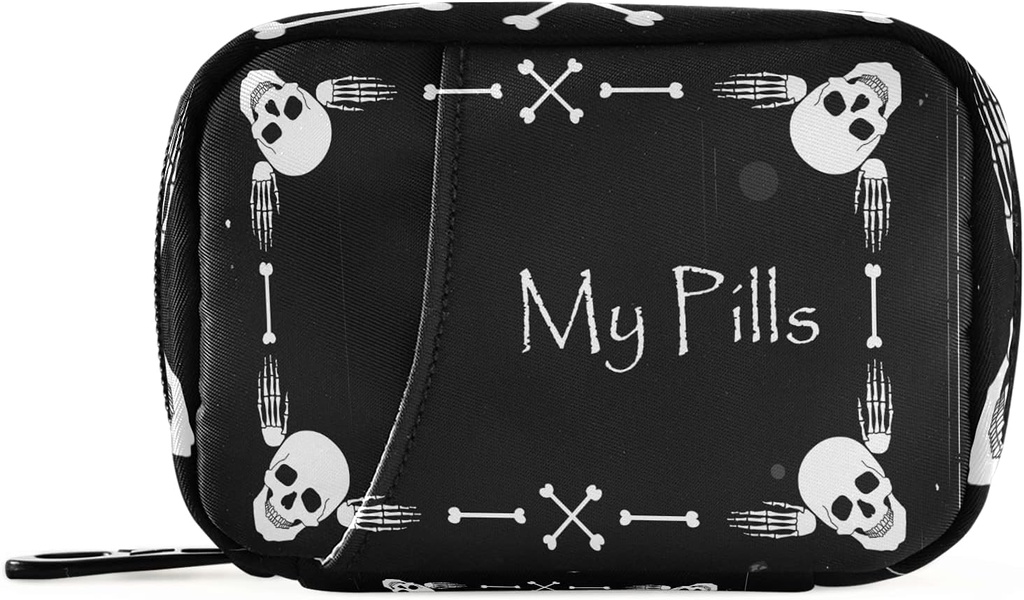Halloween My Pill Box 7 Day Skull Pill Case Travel Pill Organizer Bag with Zipper Portable Weekly Case Compact Size for Vitamin Supplement Holder
