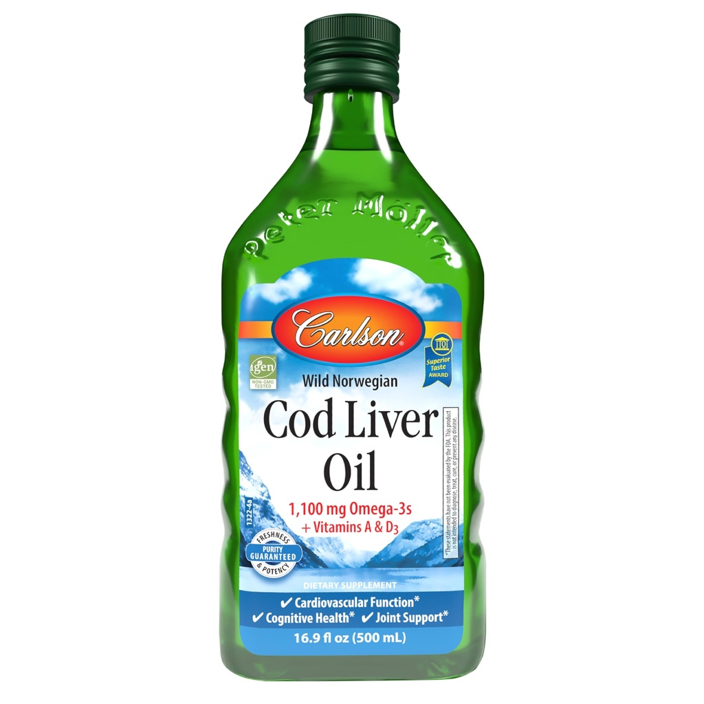 Carlson - Cod Lever Oil, 1100 mg Omega- 3s, Wild- Fanget Norwegian Arctic Cod- Lever Oil, Sustainable Sourced Nordic Fish Oil Liquid, Unflavored, 500 ml (16,9 Fl Oz)