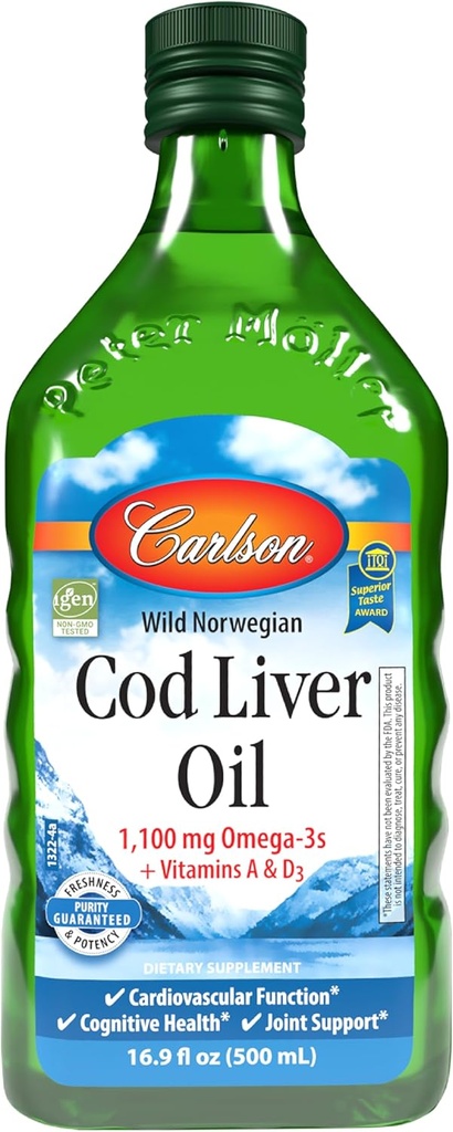 Carlson - Cod Liver Oil, 1100 mg Omega-3s, Wild-Caught Norwegian Arctic Cod-Liver Oil, Sustainably Sourced Nordic Fish Oil Liquid, Unflavored, 500 ml (16.9 Fl Oz)