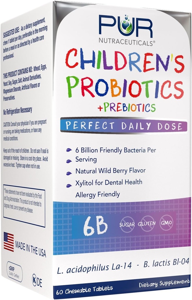 Børneprobiotika + Prebiotika * 6 milliarder CFU / servering * 60 tyggetabletter * 2 måneder Tilgang * med Prebiotika Sunfiber ® & FOS for 10X mere effektivitet * 100% Alle naturlige * Made in USA