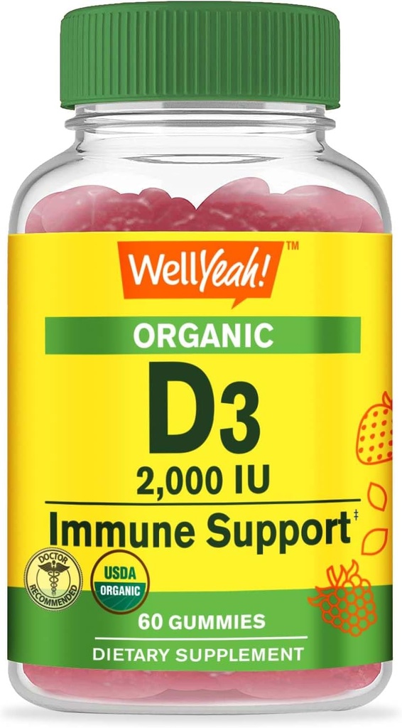 WellYe Organic Vitamin D3 2000 IE (50 mcg) Gummies - Understøtter Bone, Muscle Strength and Immunity - Non-GMO, Gluten Free - USDA Organic - Natural Flavors - 60 Gummies
