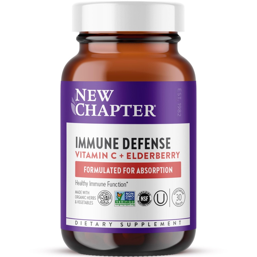 Nyt kapitel ® C-vitamin immunforsvar Supplement + Elderberry - Fremragende kilde til C-vitamin, En daglig tablet til sund immunstøtte, Lavet med økologiske urter, Non- GMO, Gluten Free, 30 ct
