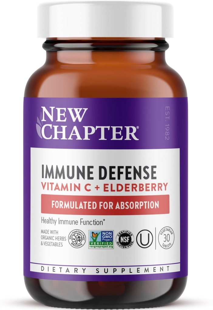 Nyt kapitel ® C-vitamin immunforsvar Supplement + Elderberry - Fremragende kilde til C-vitamin, En daglig tablet til sund immunstøtte, Lavet med økologiske urter, Non- GMO, Gluten Free, 30 ct
