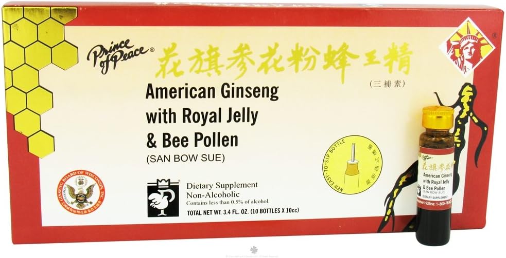 Amer Ginseng med Royal Jelly Bee Pollen (10 enkeltserveringsflasker)