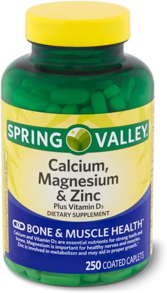 Spring Valley - Calcium Magnesium og zink, Plus D3- vitamin, 250 overtrukne kapsler
