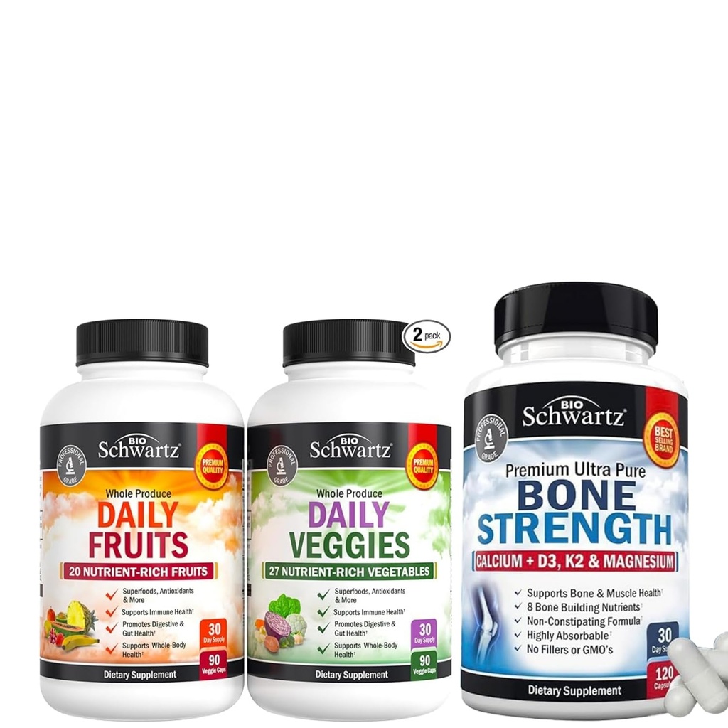 BioSchwartz Daglige frugter og grøntsager Supplement for kvinder og mænd (1 måned Tilgang) Plus Knoglestyrke Mineral supplement med calcium og magnesium (1 måned Tilgang)