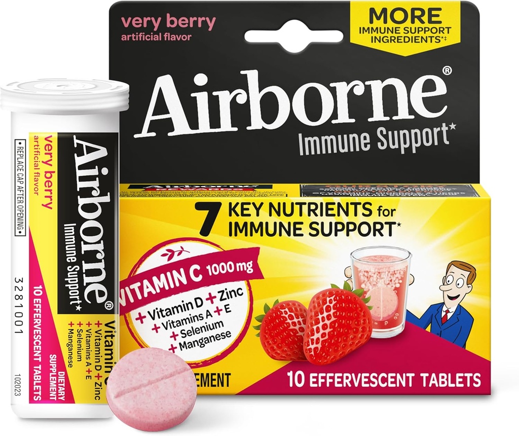 Vitamin C 1000mg (per servering) - Airborne Meget berry Effervescent tabletter (10 Tæl i en kasse), Glutenfri immunsupport, med vitaminer A C E, ZINC, Selenium, Echinacea & Ingefær